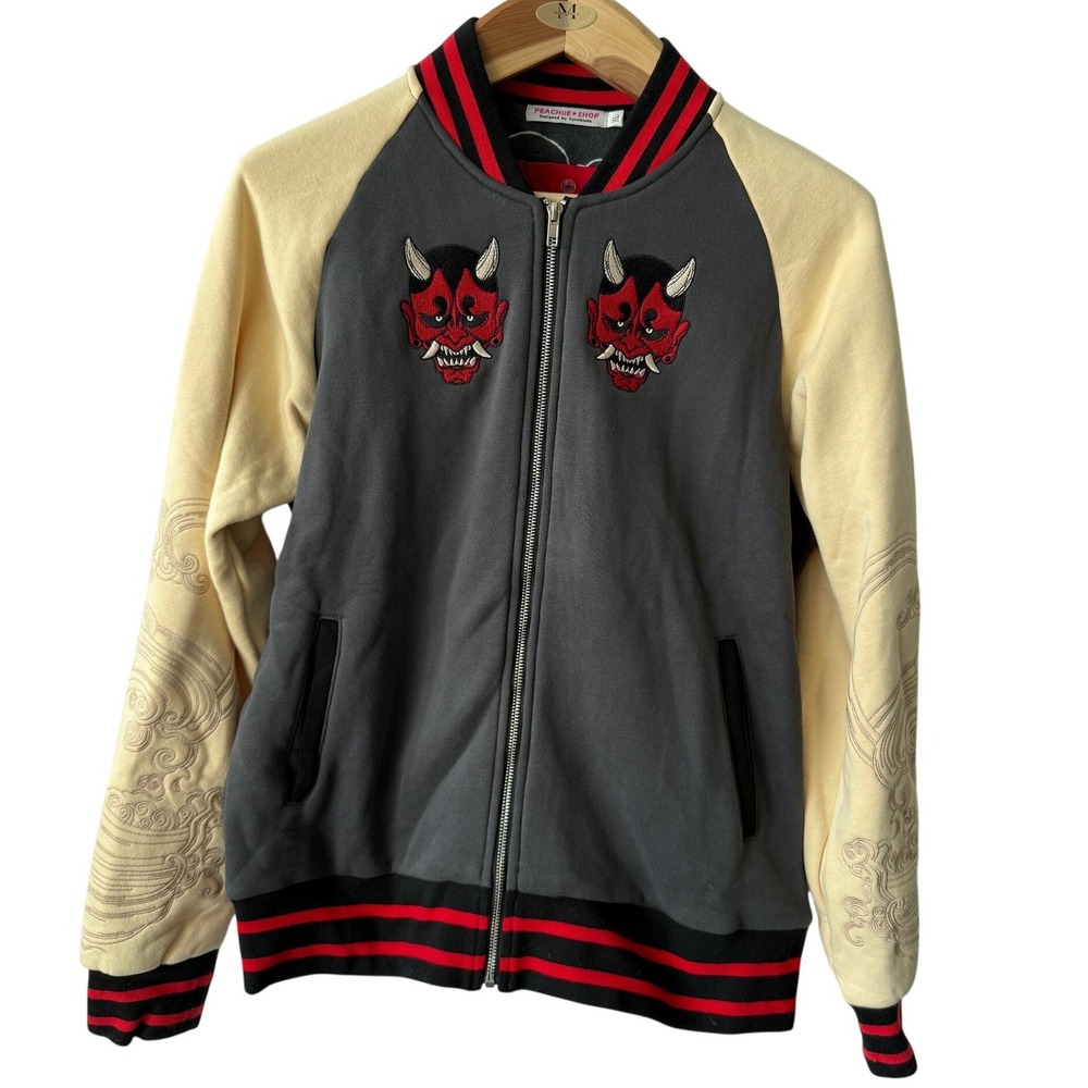 Peachie Shop Fawnbomb Hannya Oni Ita Bomber Jacket Grey Cream XL